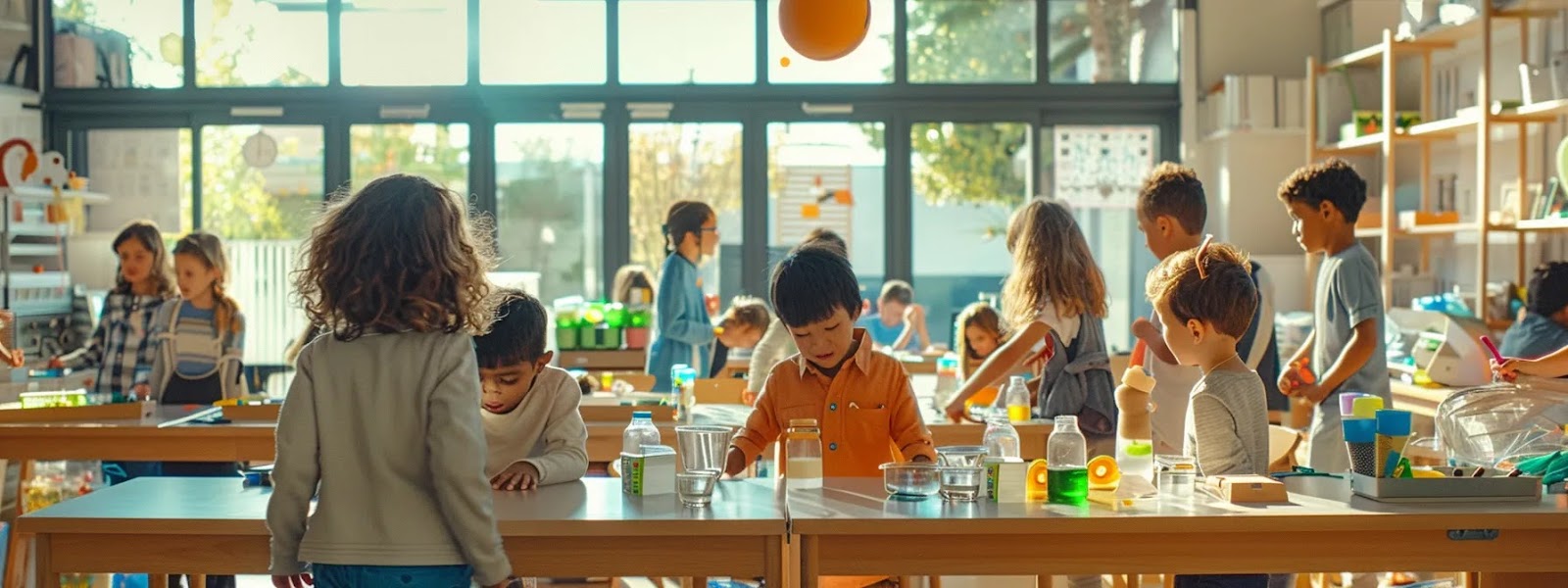 a group of young children engaged in a variety of hands-on learning activities in a bright and colorful classroom setting.