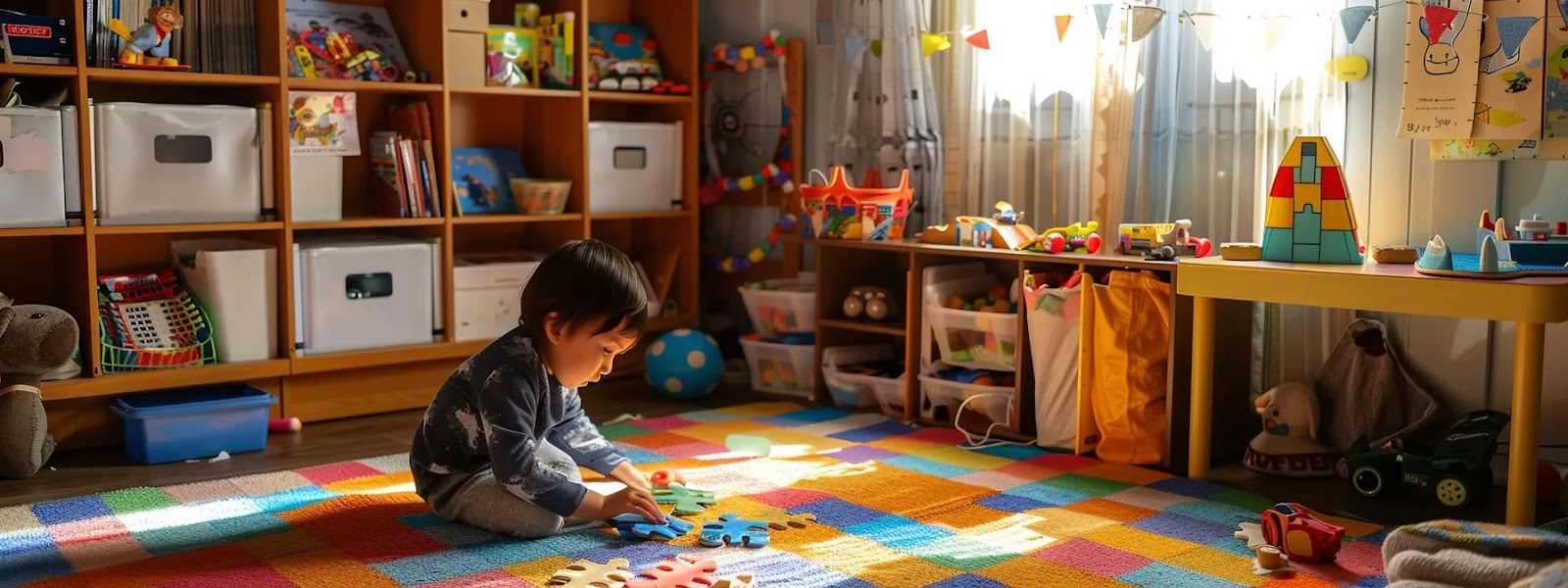 a child engrossed in a colorful puzzle, surrounded by books and educational toys in a vibrant daycare setting.