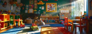 a bright, colorful playroom filled with educational toys and books, with attentive caregivers engaging with happy children.