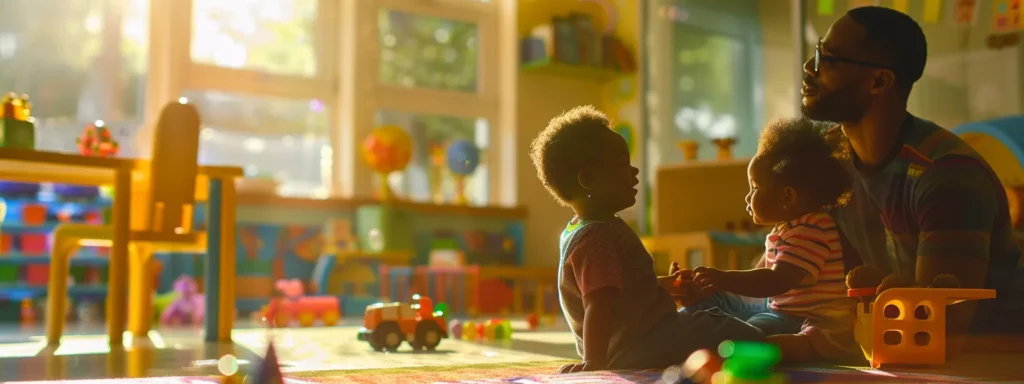 a parent carefully observing a happy toddler playing in a bright, colorful daycare center, surrounded by toys and engaging activities.