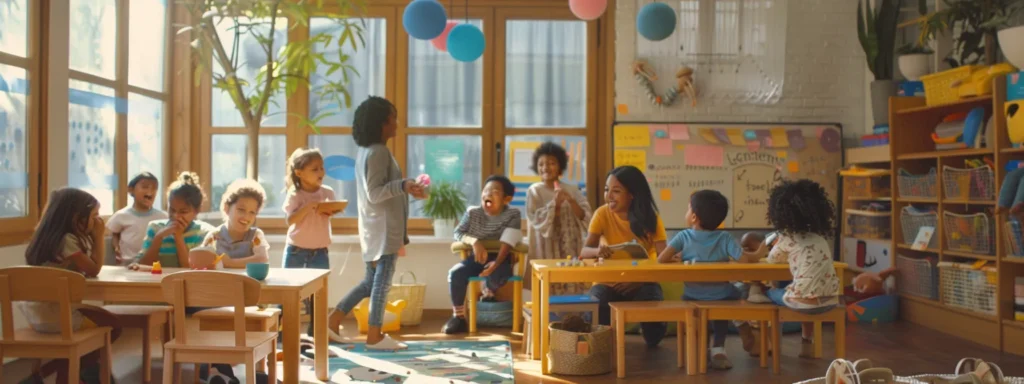 a diverse group of parents and educators engaged in conversation, each communicating in their preferred language, embracing different communication styles, and exchanging tailored messages to meet specific needs in a warm and inclusive daycare setting.