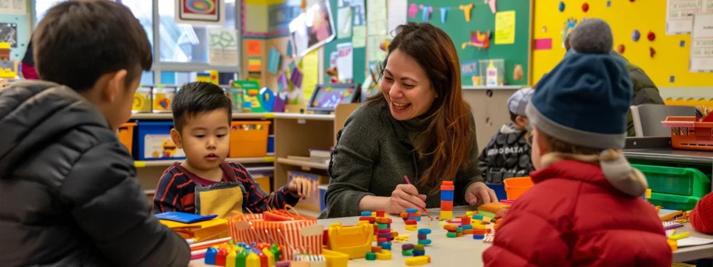 a parent engaging in a hands-on classroom activity with their child, surrounded by colorful educational materials and smiling faces.