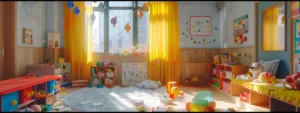 a bright and colorful daycare playroom filled with soft toys and cheerful decor, welcoming and safe for infants.