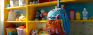 a colorful backpack filled with diapers, bottles, and toys on a daycare shelf.