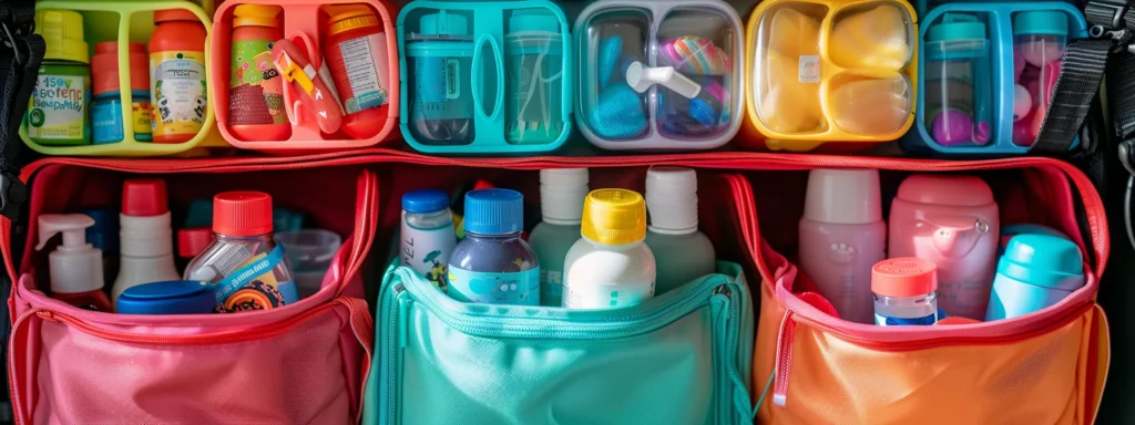 a colorful, organized daycare bag with compartments filled with baby essentials like bottles, pacifiers, and creams.