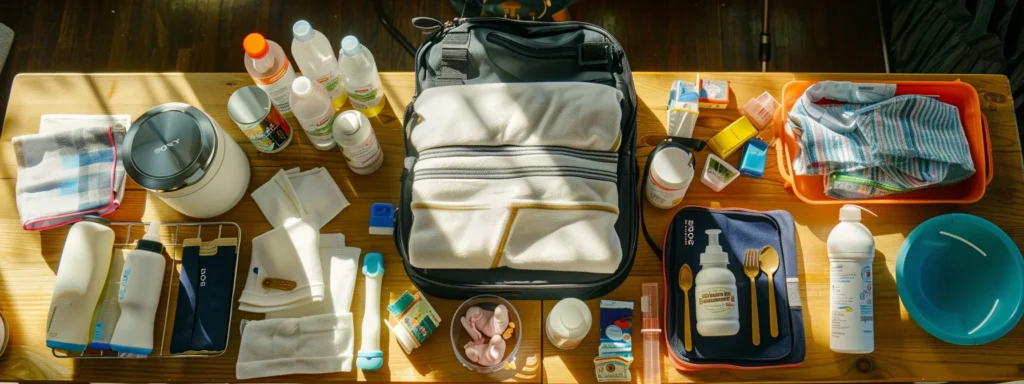 a neatly organized diaper bag with bottles, baby food, utensils, bibs, and burp cloths laid out on a clean, sturdy table, ready for feeding time at daycare.