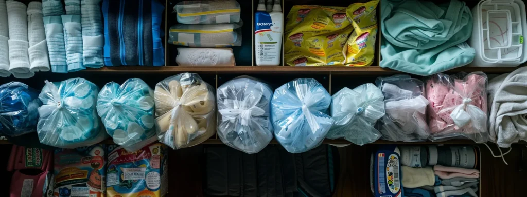 a neatly organized diaper bag with diapers, wipes, diaper cream, and disposable bags neatly arranged, ready for a day at daycare.