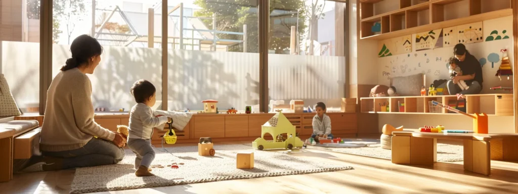 a parent happily watching their child play and learn at a daycare facility designed to support their development.