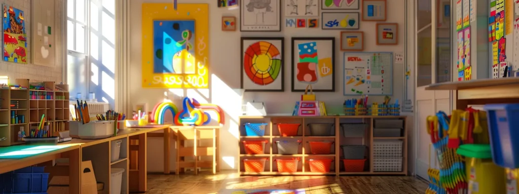 a colorful art corner in a daycare center filled with neatly organized supplies, vibrant artwork on display, and clearly labeled stations for creativity.