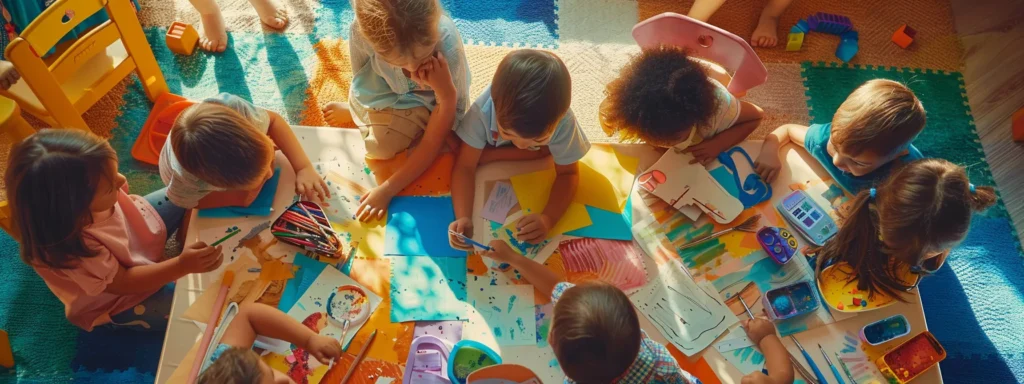 a group of young children happily working together on a colorful collage masterpiece in a daycare center, surrounded by various art supplies and vibrant creations.