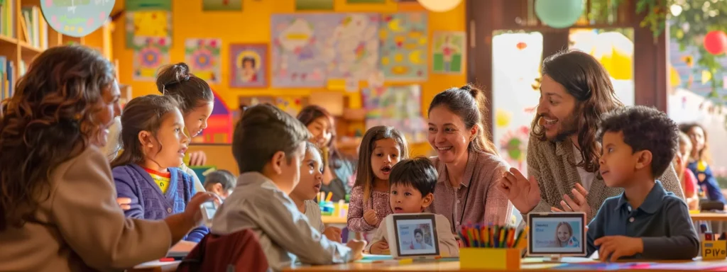 a diverse group of parents and teachers engage in a lively discussion, surrounded by colorful children's artwork and digital tablets displaying real-time updates on student progress.